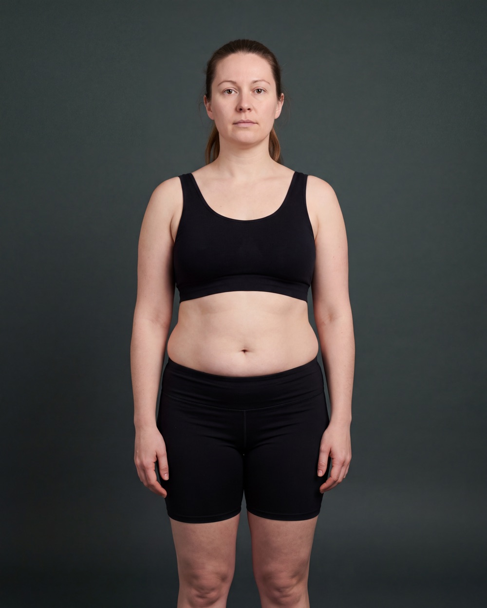 Illustration of an untrained woman standing against a plain studio ground